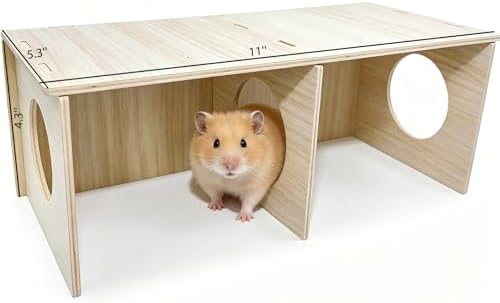 Hamiledyi Wooden Hamster Tunnel 2-Chamber Hideout Tunnel Multi Chamber Exploring Toy Platform 11 x 5.3 x 4.3 Cage Accessories for Syrian Hamsters Rat Mice