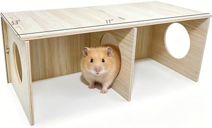 Hamiledyi Wooden Hamster Tunnel 2-Chamber Hideout Tunnel Multi Chamber Exploring Toy Platform 11 x 5.3 x 4.3 Cage Accessories for Syrian Hamsters Rat Mice