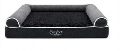 Orthopedic Dog Bed, Plush Velvet and Rabbit Fur, Raised Bolster Sides, Washable Cushion, Non-Slip Bottom, Dark Gray