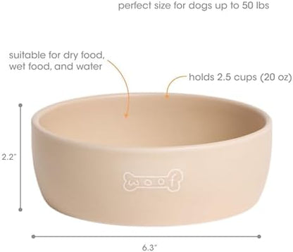 Pearhead Ceramic Dog Bowl - Neutral Taupe Woof Design, 20 oz