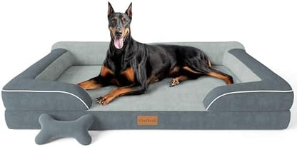 CWAWZ XXL Dog Bed for Extra Large Dogs, Giant Orthopedic Dog Beds with Cooling Gel Memory Foam, Waterproof Pet Bed with Removable Washable Cover, 53" Pet Sofa Bed Velvet with Bone Toy, Dark Gray