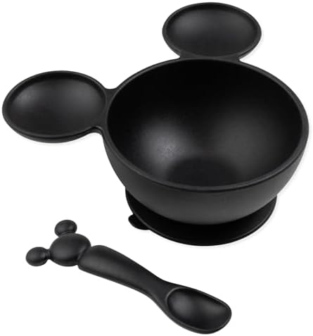 Bumkins Disney Mickey Mouse Bowl, Silicone First Feeding Set with Suction, Includes Spoon, Training Essentials for Baby-Led Weaning, Toddler Self-Feeding, Babies Eating at 4 Mos Up, Black