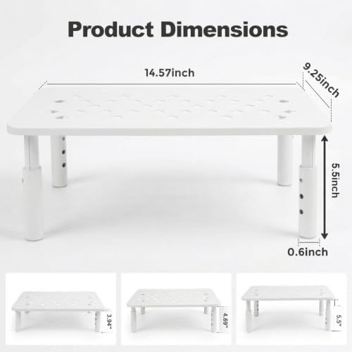 Raised Automatic Cat Feeder Stand for Double Bowl Feeders, Carbon Steel 14.57 x 9.25 in, 3 Adjustable Heights 4.13-5.71 in, Non-Slip, Fits Feeders & Water Dispensers, No-Drill (White)