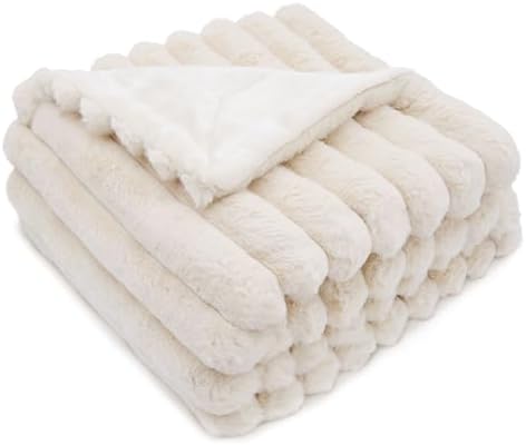 DEZ FURNISHINGS Luxury Reversible Textured Stripe Faux Fur & Velvet Throw Blanket, Throw XL (50" x 70"), Taupe