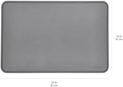 Amazon Basics Waterproof Non-Slip Silicone Pet Food and Water Bowl Mat with Raised Edge, Feeding Placemat to Protect Floors, 24" x 16", Grey