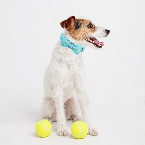 Dog Collar-Tennis Balls Print Adjustable Pet Collar Cute Cotton Soft Collars with Bow Tie Spring Summer Metal Buckle Puppy Collar Gift for Large Dogs