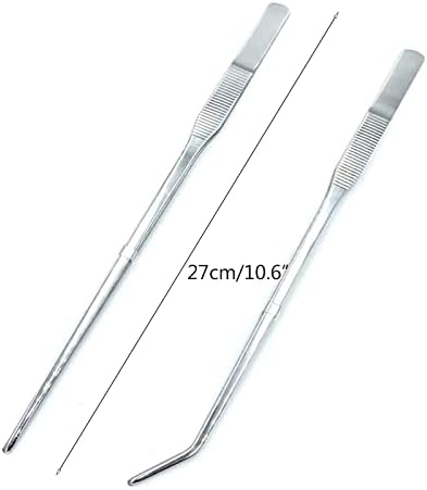 2PCS Aquarium Tweezers Stainless Steel Straight and Curved Tweezers Set Long Handle Reptile Feeding Tongs for Aquatic Plants Lizards Spider Snakes Garden Repairing - 10.6inch, Silver