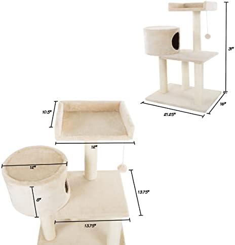 3-Tier Cat Tower - 2 Napping Perches, Cat Condo, 4 Sisal Rope Scratching Posts, Hanging Toy – Cat Tree for Indoor Cats and by PETMAKER (Beige)