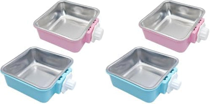 kathson Crate Dog Bowl, Removable Stainless Steel Hanging Pet Kennel Cage Bowl Food & Water Feeder Coop Cup for Puppy, Cat, Rabbit,Guinea Pigs 2pcs Large Square(Blue,Pink) (Pack of 2)