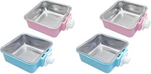 kathson Crate Dog Bowl, Removable Stainless Steel Hanging Pet Kennel Cage Bowl Food & Water Feeder Coop Cup for Puppy, Cat, Rabbit,Guinea Pigs 2pcs Large Square(Blue,Pink) (Pack of 2)