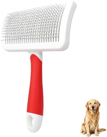 Self-Cleaning Slicker Dog Brush for Large Long-Haired Breeds （White, Red)