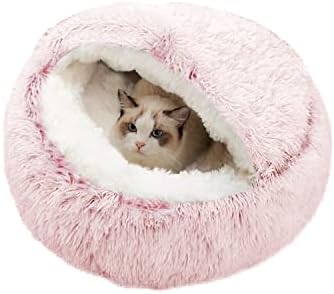 SUOXU Anti-Anxiety Cat Bed, Plush Hooded Cave, 20 in Diameter, Suitable for Small to Medium Pets, Pink