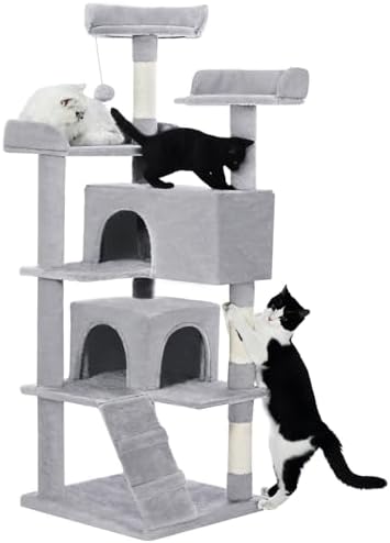 Made4Pets Cat Tree 54in Cat Tower for Indoor Cats Kitten Tree Multi-Level Cat Tree with 2 Condo Furniture Activity Center with Scratching Posts Funny Toys Kittens Pet Play House, Light Grey