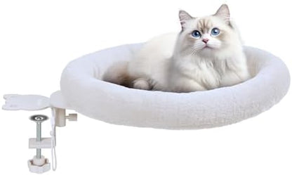 Cat Desk Bed,Steel Cat Bed for Desk,Easy to Assemble,Machine Washable and Detachable Easy to Clean,180° Rotating Cats Hammock Desks for Office Game Tables,Supports to 40lbs(White)