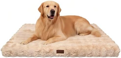 Orthopedic Dog Beds for Big Dogs, Fluffy Faux Rabbit Fur Pet Bed with Removable Washable Cover, Dog Bed Mat with Egg Crate Foam & Waterproof Lining, Anti Slip Bottom, Light Khaki,52"x36"x4"