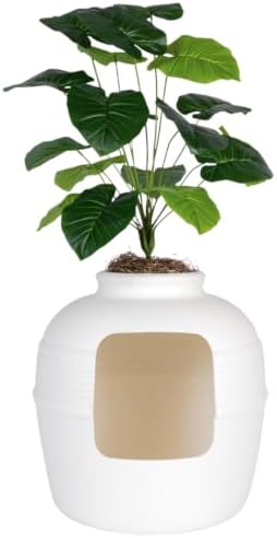 Good Pet Stuff Original Hidden Litter Box Planter, Decorative Cat Litter Enclosure, Carbon Filter, Faux Plant, Round Design, Easy to Clean, Base Kit, Broad Leaf Philodendron, Soft White