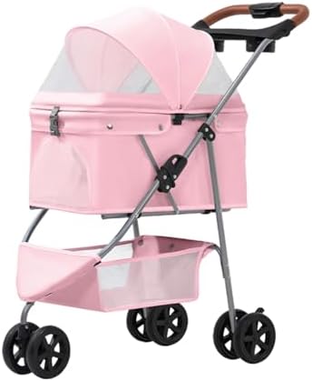 Pet Stroller for Small/Medium Dogs and Cats, Foldable 3 Wheel Jogger,One-Click Fold,Breathable Mesh, Storage Basket,Cup Holder,Weather Cover,(Pink)