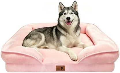 Spotted Play Orthopedic Dog Bed with Sides - Sofa Beds for Large Dogs, Supportive Foam Pet Couch Bed with Washable Removable Cover, Waterproof Lining and Non-Slip Bottom, Pink - L-Plus