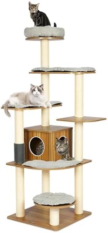 KAMABOKO 69”H Tall Wood Cat Tree, Large Cat Tower Multi-Level Platforms with Sisal Scratching Posts, Cat Condo for Large Cats 20 lbs Heavy Duty (69” H Wood Brown)