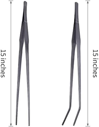Extra Long Handle Aquarium Tweezers Serving Tongs Feed clamp,2 Pack Stainless Steel Straight and Curved Tweezers Set for Fish Tank Plants Reptile Feeding Tongs（15 Inchs）