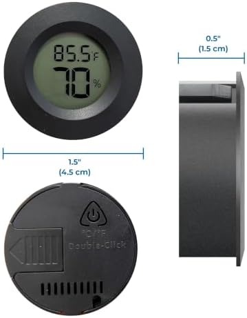 SunGrow Reptile Thermometer with Hygrometer with Digital Display, Accurate Temperature, Humidity Gauge for Snake and Lizard Tanks, Round Clear LCD, Black, 1.8”x1.8”x0.6”