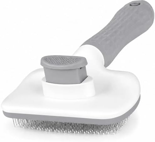 Generic Pet Grooming Brush, Gray - Self Cleaning Dematting Comb for Cats and Dogs, Bristles with Massage Particles, Ergonomic Handle Design, Easy to Use, for Long or Short Hair Breeds, Stainless Steel