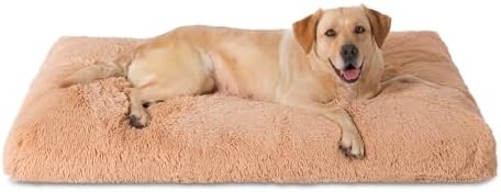 Bedfolks Waterproof Crate Bed, Plush Dog Kennel Pad with Removable Washable Cover, Faux Fur, Fluffy, 41"x27", Solid Camel