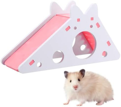 TIESOME Hamster House with Ladder and Slide, Wooden Hamster Play Toys Hideout Hut Gerbil Rat Hideaway Small Animal Activity Toy DIY Hamsters Cage Accessories for Small Pets(Pink)