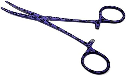 Dog Pet Ear/Nose Hair Puller Grooming Hemostat Locking Forceps Curved Pliers, 5.5" (14cm) Full Serrated Clamps Stainless Steel (Purple Paws)