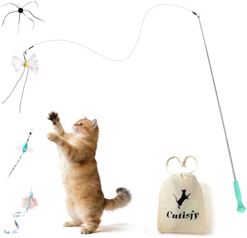 Retractable Cat Wand Toy with 4 Bug-Inspired Feather Refills