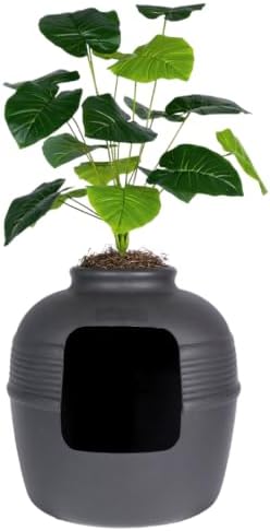 Good Pet Stuff Original Hidden Litter Box Planter, Decorative Cat Litter Enclosure, Carbon Filter, Faux Plant, Round Design, Easy to Clean, Base Kit, Broad Leaf Philodendron, Charcoal Black