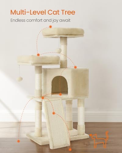Feandrea Cat Tree, 45.3-Inch Cute Cat Tower, Plush Climbing Condo, Beige