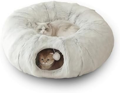 Large Cat Tunnel Bed for Indoor Cats with Hanging Pompom Toys