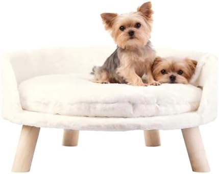 Elevated Dog Bed: Raised Dog Bed Round with Cozy Pad Waterproof - Nordic Wooden Doggie Sofa Bed with Sturdy Wood Legs Anti Slip for Medium Dogs Rabbit
