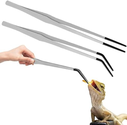 Lasnten 2 Pcs Extra Long Stainless Steel Reptile Feeding Tongs with Rubber Tip 15 Inch Bearded Dragon Aquarium Straight and Curved Long Tweezer Terrarium Feeder Tool for Tank(Silver)