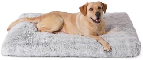 Bedfolks Plush Dog Crate Pad, Washable Faux Fur Kennel Bed for XXL Dogs, Waterproof, 47"x29", Grey