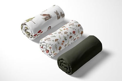 Sweet Jojo Designs 3-Piece Baby Crib Sheets Set (Woodland Forest Animals) for Girls/Boys, Infant Nursery, Toddler Room - Fitted, Standard Size (Solid Green, Toadstool Mushrooms & Animal Friends, Bear)