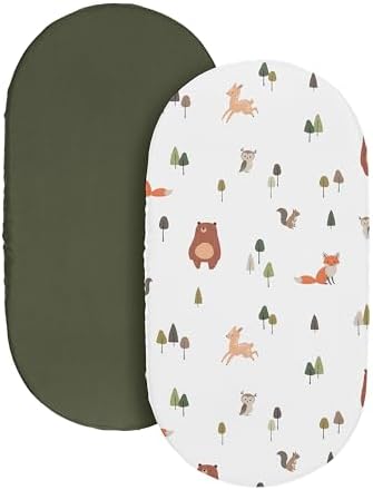 Sweet Jojo Designs 2-Piece Baby Bassinet Sheets Set (Woodland Animals) for Girls & Boys, Infant Nursery, Toddler Room - Oval Rectangle Hourglass Mattress (Solid Green & Watercolor, Forest Friend, Fox)