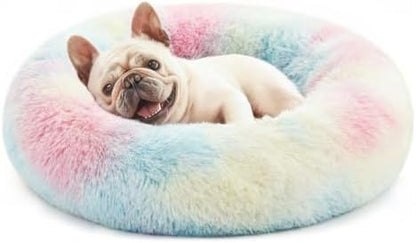 Love's cabin Calming Cat Bed for Indoor Cats, Anti-Anxiety Donut Round Dog Bed,Fluffy Faux Fur Washable Pet Bed for Small Medium Dogs and Cats, Rainbow, 24in