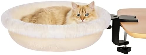 Cat Desk Bed Clamp On, 360 Swivel Faux Fur Perch, Beige