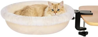 Cat Desk Bed Clamp On, 360 Swivel Faux Fur Perch, Beige