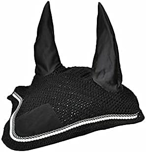 Horse Fly Bonnet Double Piping Ear Net Fly Veil Mask Breathable Cotton Crochet Horse Tack (Pony, Black 1)