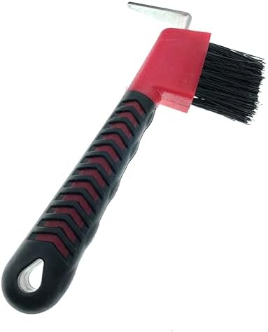 Horse Hoof Pick with Brush - Non-Slip Ergonomic Handle, Heavy-Duty Steel Pick & Stiff Bristles - Removes Dirt, Mud & Rocks - Horse Grooming Tool for Daily Hoof Care (Red)