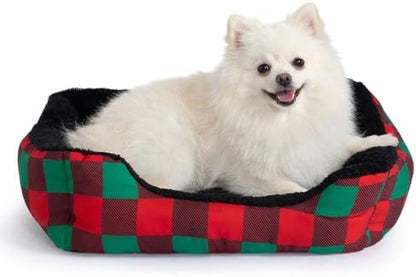 Hollypet Printed Flannel Rectangle Plush Dog Cat Bed Self-Warming Pet Bed, Christmas Red and Green Check