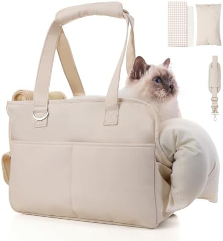 JourCraf Dog Purse Carrier for Small Dogs & Puppies Up 10 Lbs, Soft Cotton Tote Pet Shoulder Bag with Pockets, Foldable & Washable Breathable Puppy Carrier for Yorkie, Chihuahua & Cats - Beige