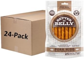 Better Belly Pork Hide Twists Highly Digestible Dog Treats, 25 Ct (24 Pack)