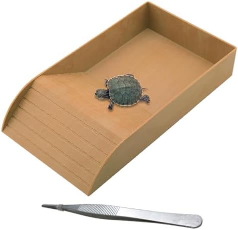 kathson Reptile Tortoise Turtle Feeding Dish with Ramp and Basking Platform Plastic Turtle Food and Water Bowl Also Fit for Bath Horned Frogs Lizards Amphibians (Brown, Emulational Wood)