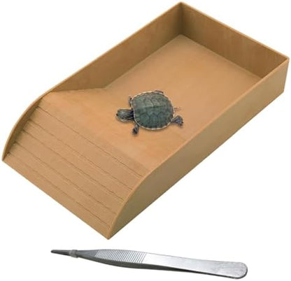 kathson Reptile Tortoise Turtle Feeding Dish with Ramp and Basking Platform Plastic Turtle Food and Water Bowl Also Fit for Bath Horned Frogs Lizards Amphibians (Brown, Emulational Wood)
