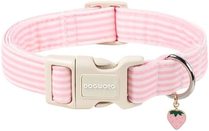 DOGWONG Pink Strawberry Striped Dog Collar for Small Medium Large Dogs M