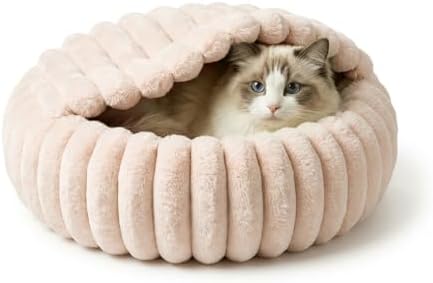 Cat Beds for Indoor Cats, 2 in 1 Cat Cave Bed Kitten Bed for Small Pets, Small Dog Bed with Cover, Pet Bed for Puppy and Kitten with Anti-Slip Bottom-Beige Pink-20 inches